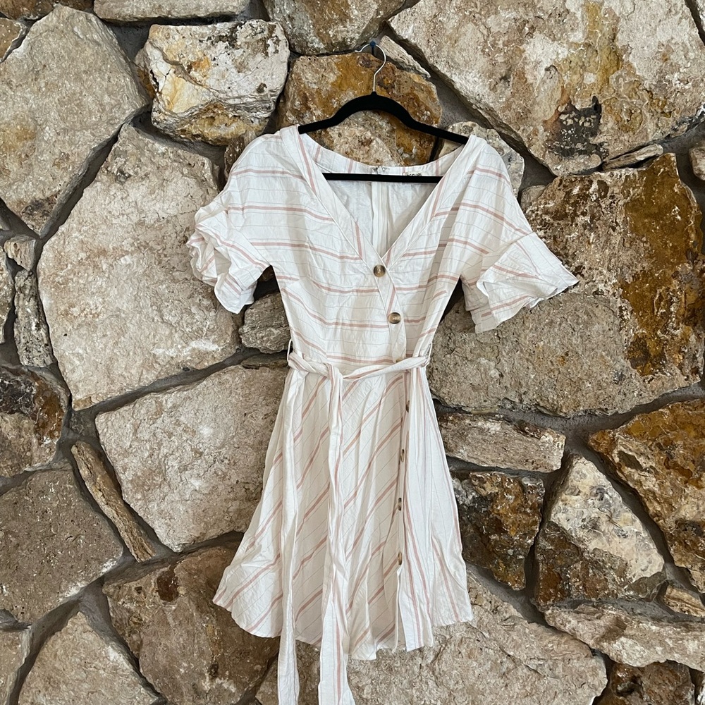 Striped White Dress with Belt